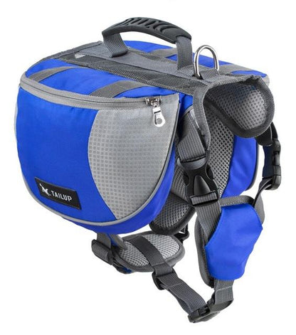 Blue and gray dog backpack with harness on a white background
