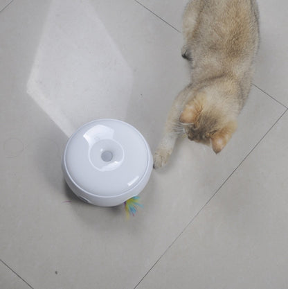 Cat interacting with a white cylindrical toy on a tiled floor