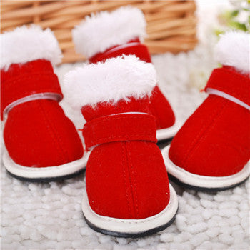 Red pet boots with white fur trim on a textured surface