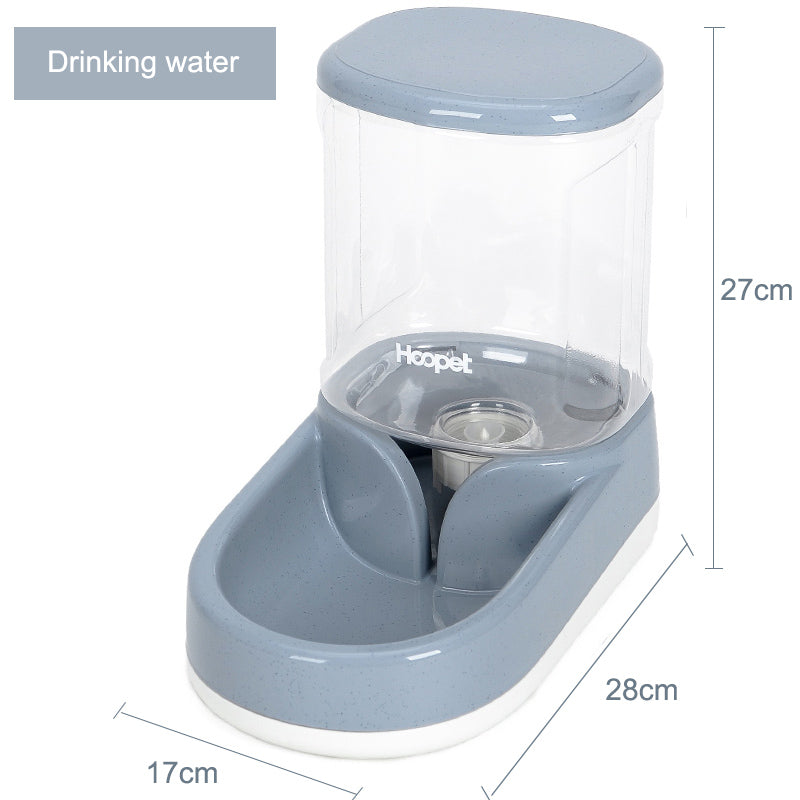 Gray pet water dispenser with measurements on a white background
