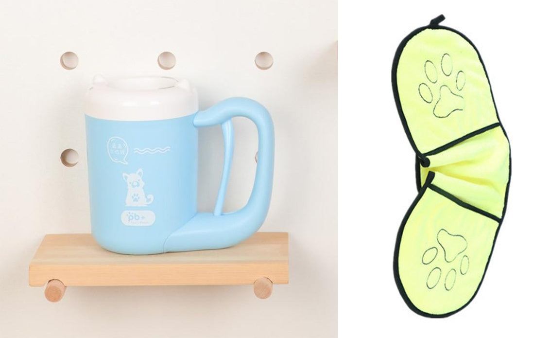 Blue mug on a wooden shelf with a green paw print mask on a white background
