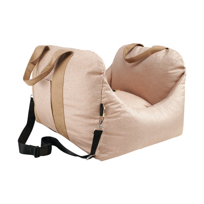 Beige pet carrier with straps on a white background