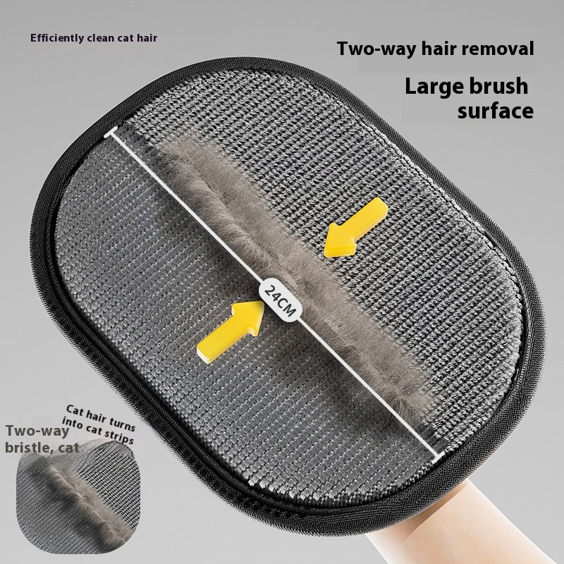 Cat grooming brush with text highlighting features on a gray background