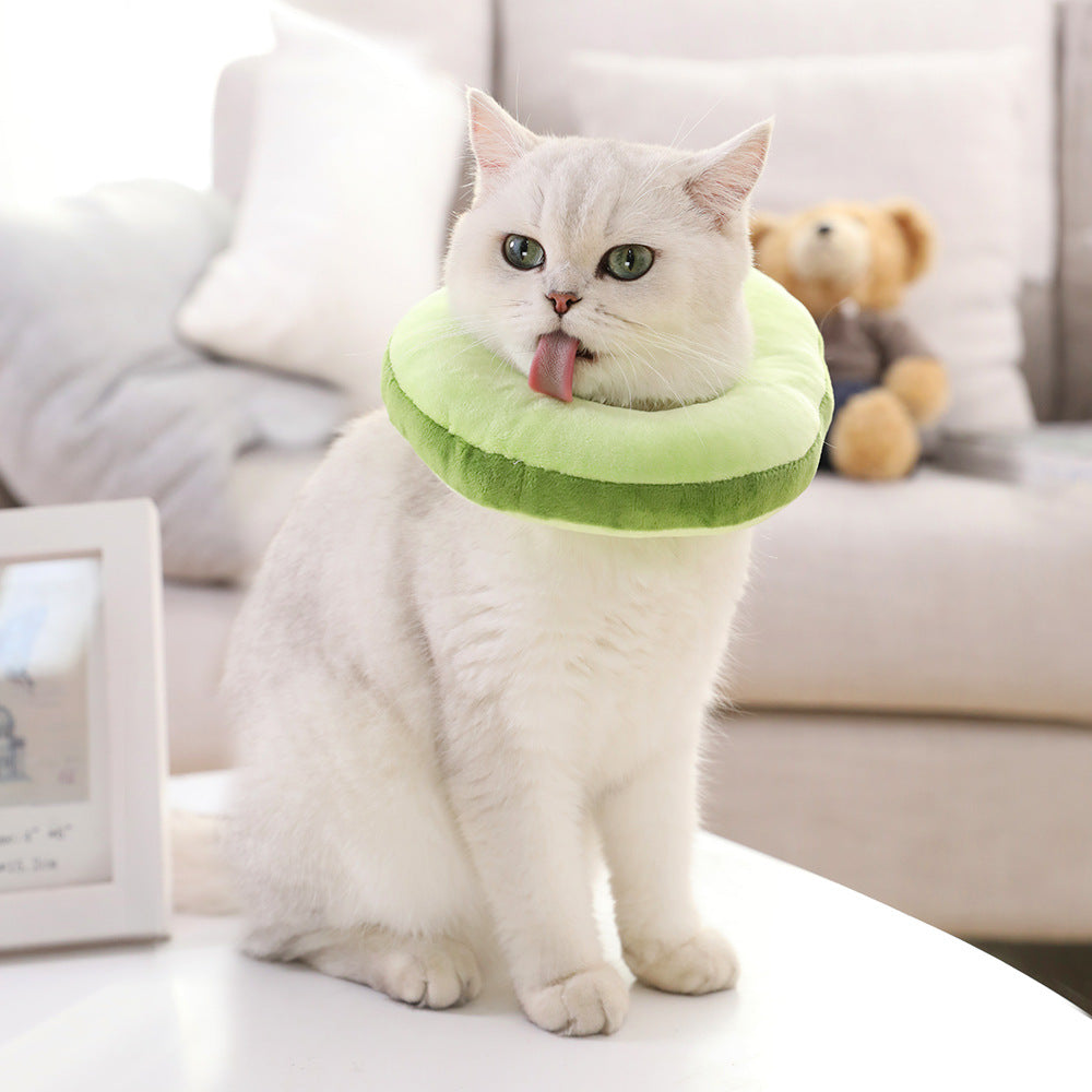 Cat wearing a green cone collar on a white surface with a blurred background