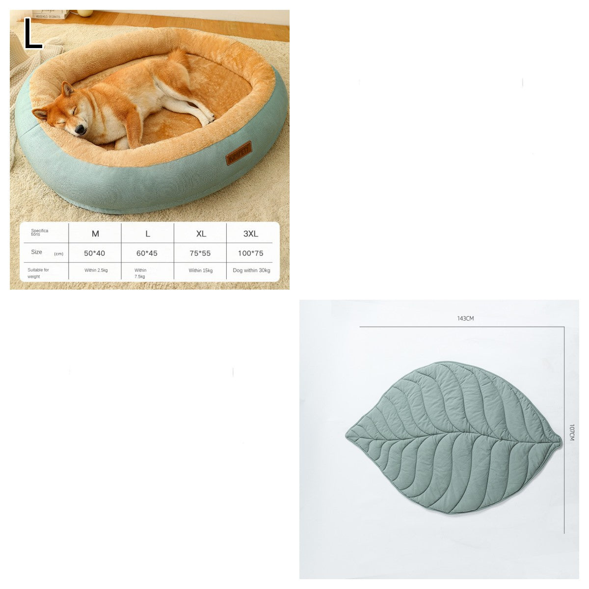 Pet bed with a dog inside and leaf-shaped cushion on a white background