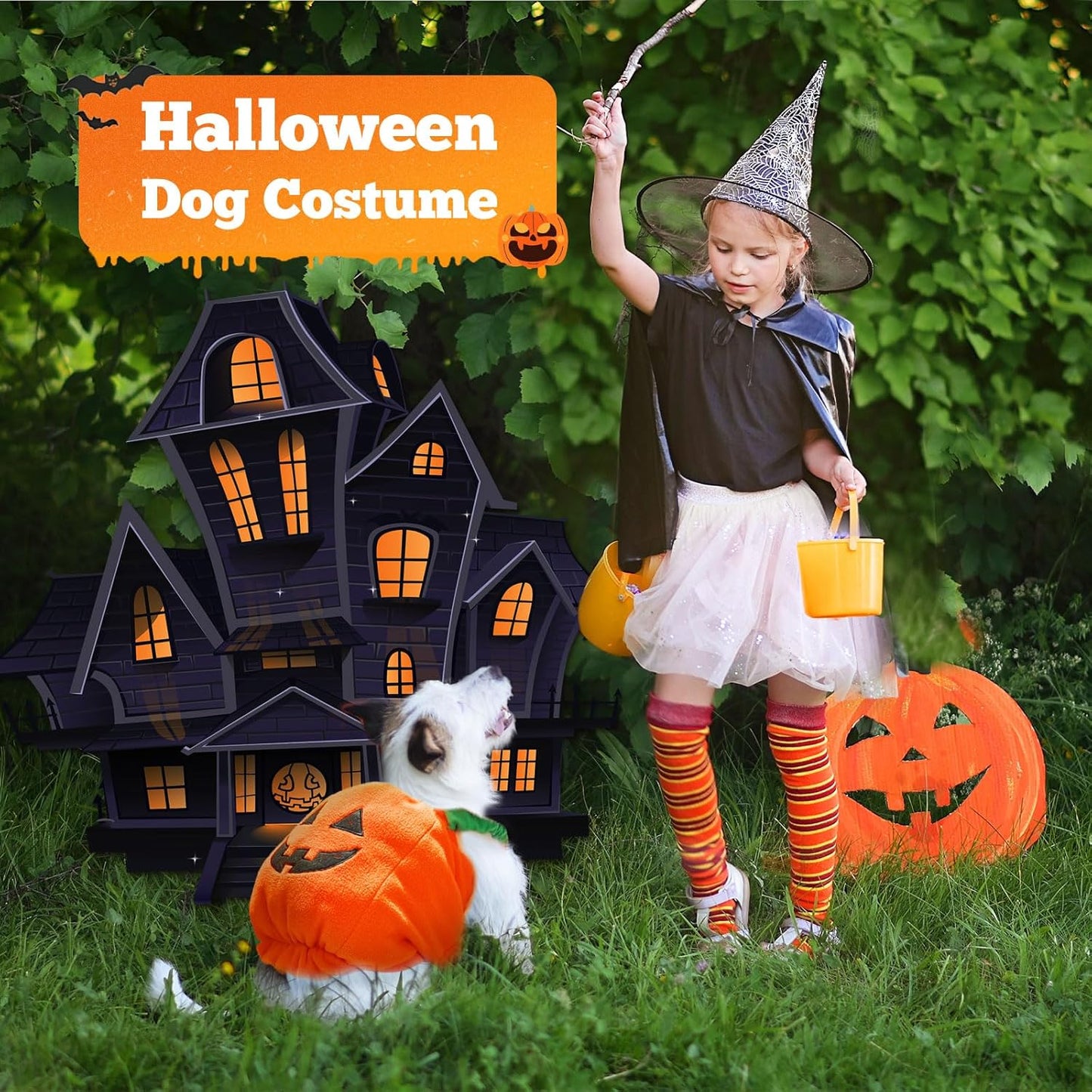 Dog wearing orange plush pumpkin Halloween costume and young girl in witches costume