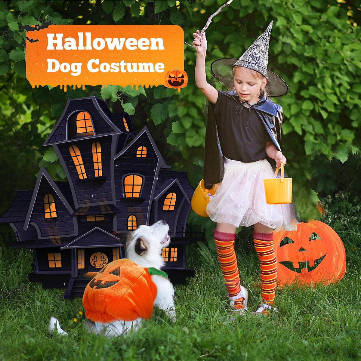 Dog wearing orange plush pumpkin Halloween costume and young girl in witches costume