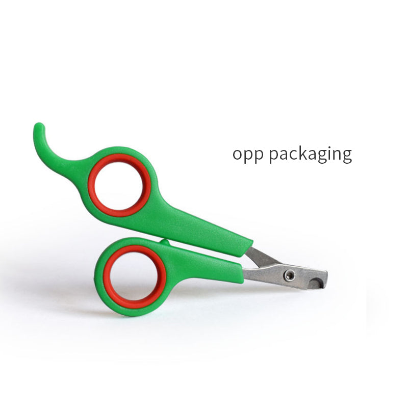 Green and red pet nail clippers on a white background with 'opp packaging' text.