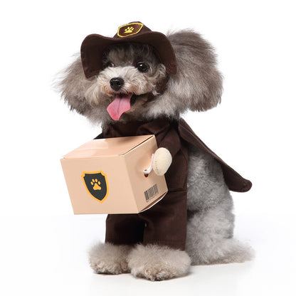 Dog wearing a brown costume with a hat and box, on a white background