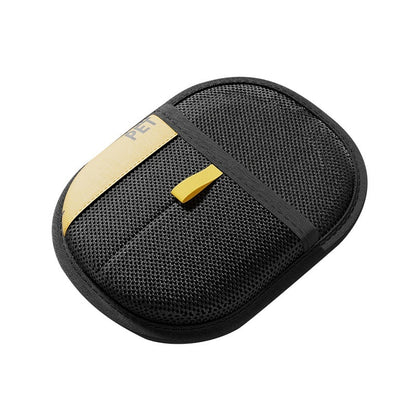 Black and gold travel case on a white background