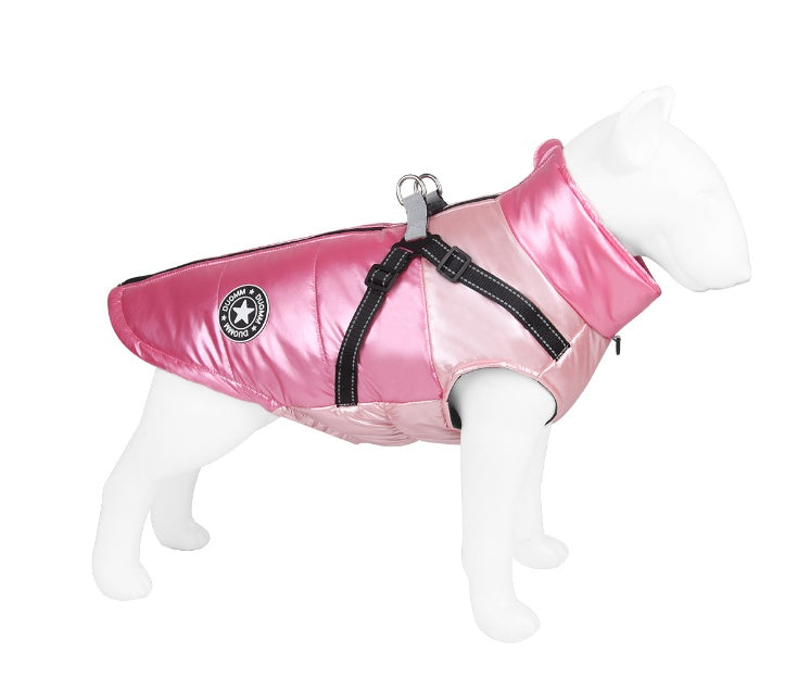 Pink dog coat with a brand logo on a white background