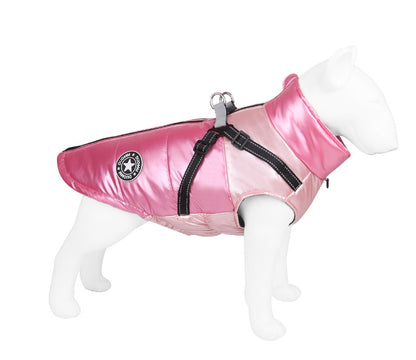 Pink dog coat with a brand logo on a white background