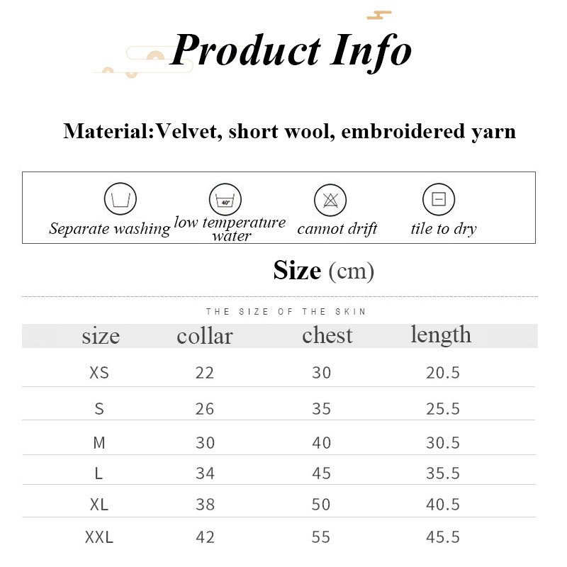 Product information card with material details and size chart for a garment.