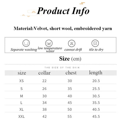 Product information card with material details and size chart for a garment.