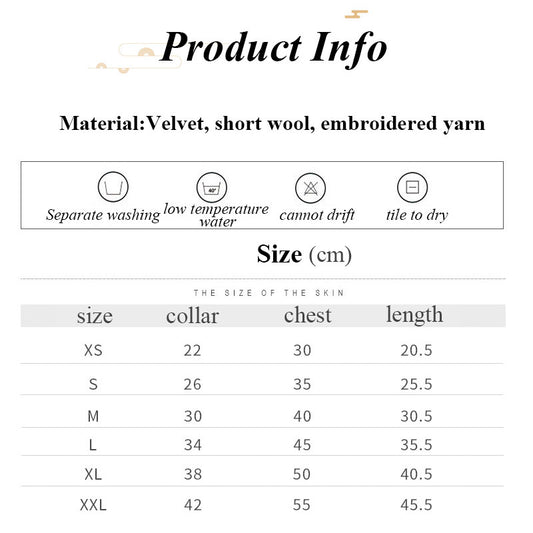 Product information card with material details and size chart for a garment.