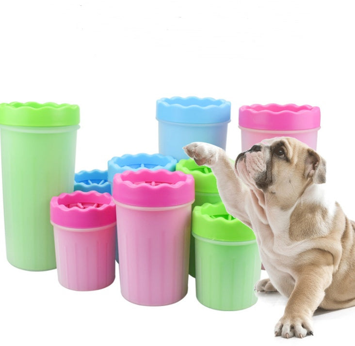 Dog playing with colorful plastic cups on a white background