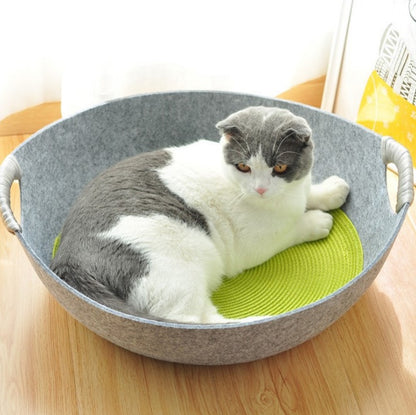 Cat lying in a round gray pet bed with green mat on a wooden surface
