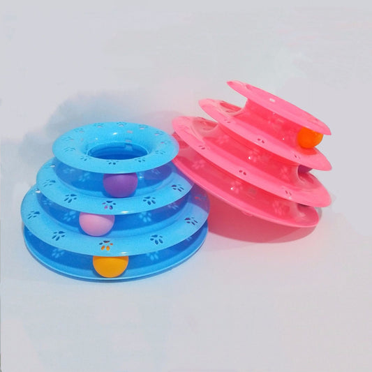 Blue and pink pet toy with three stacked rings on a white background