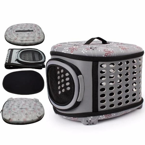 Pet carrier with accessories on a white background