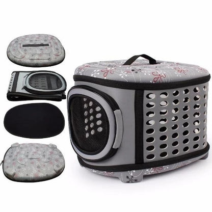 Pet carrier with accessories on a white background