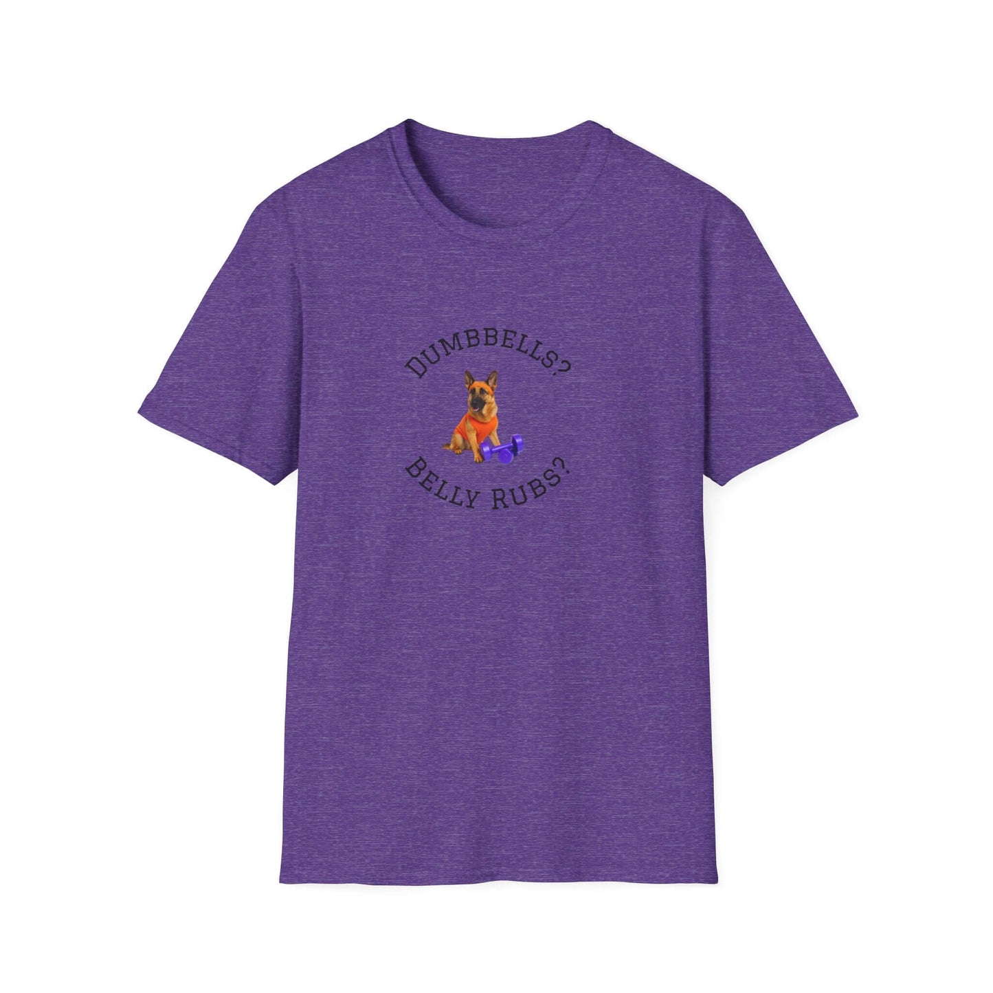 German Shepard Dog Lover Workout Tee –“Belly Rubs or Dumbbells?” featuring cute dog graphic on purple tee.
