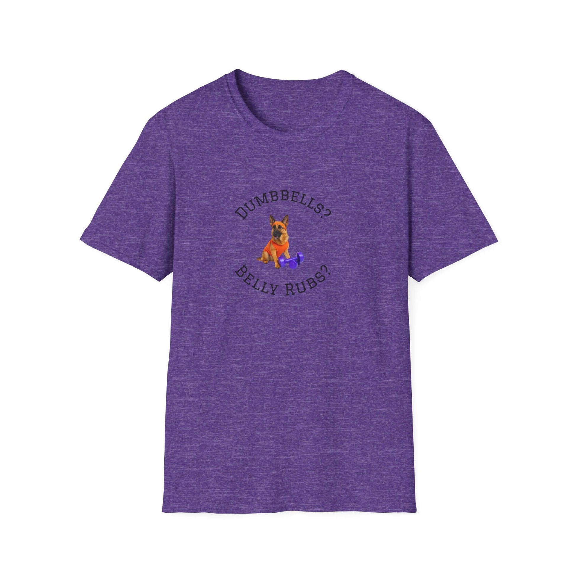 German Shepard Dog Lover Workout Tee –“Belly Rubs or Dumbbells?” featuring cute dog graphic on purple tee.