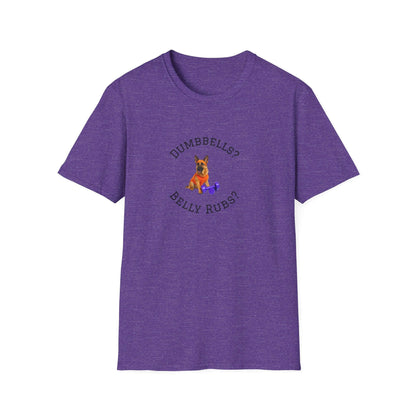 German Shepard Dog Lover Workout Tee –“Belly Rubs or Dumbbells?” featuring cute dog graphic on purple tee.