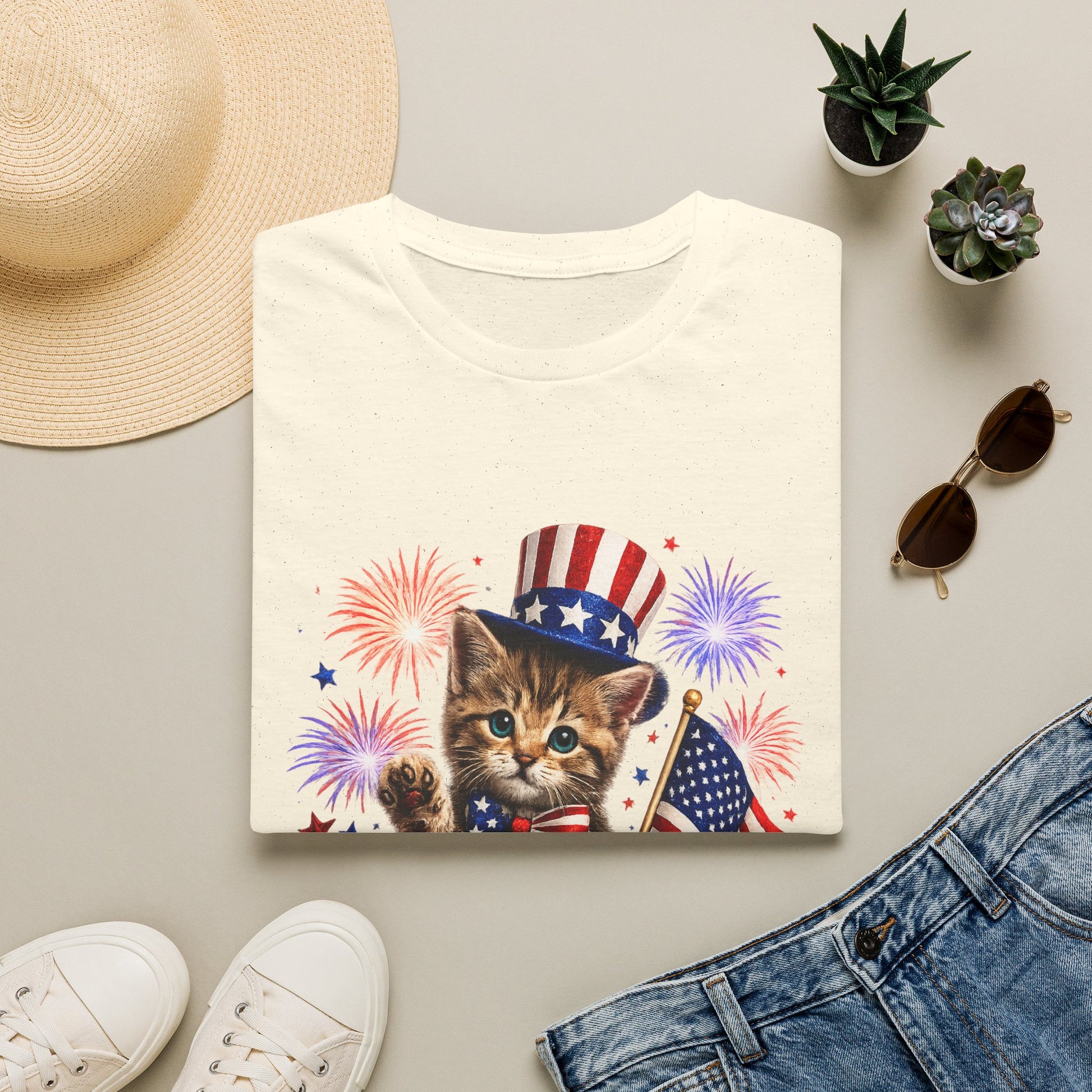 T-shirt with a kitten wearing an American flag hat design, surrounded by a hat, sunglasses, shoes, and plants on a light gray background.