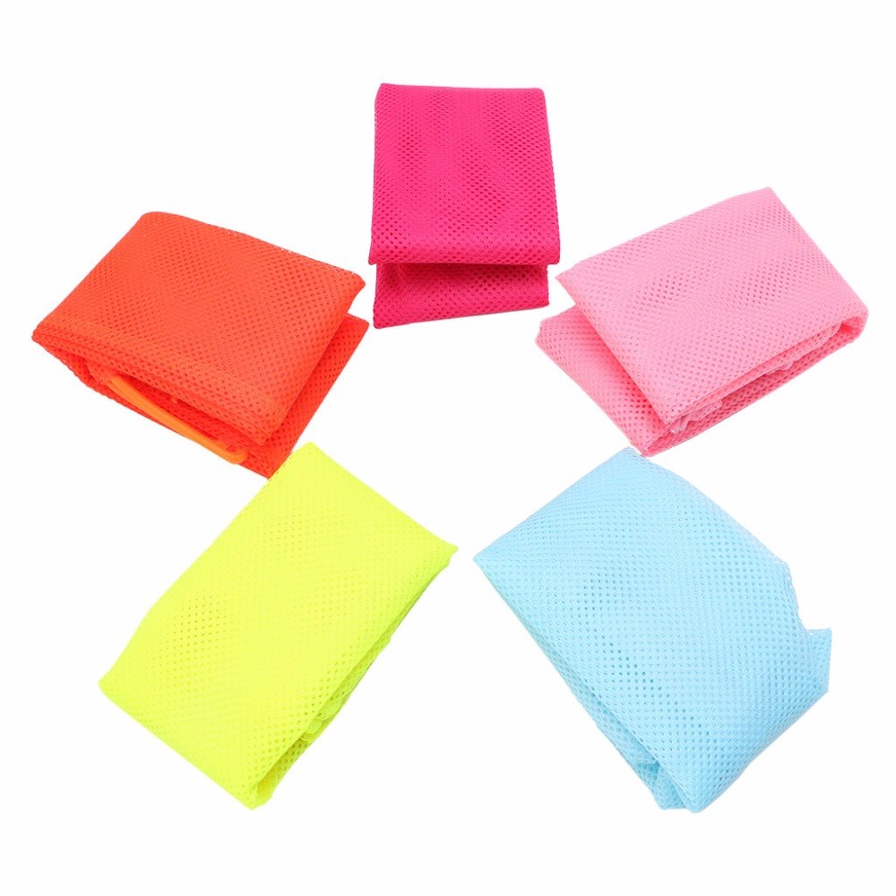 Five colorful cooling towels in red, pink, yellow, and blue on a white background