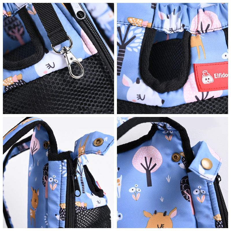 Collage of a blue bag with animal pattern, zippers, and buttons.