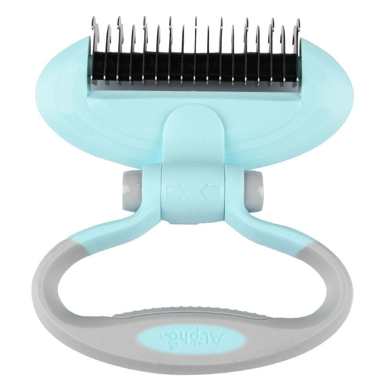 Pet grooming tool with blue handle and black comb on a white background