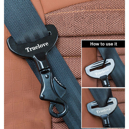 Car seat belt extension clip with 'Truelove' branding on a brown car interior background.