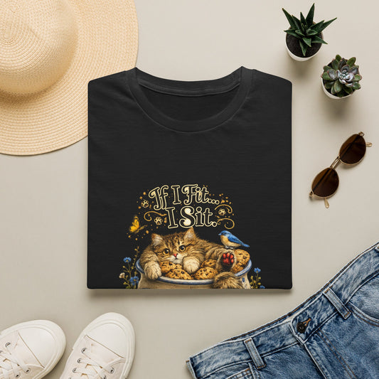 A folded royal blue T-shirt with a graphic print of a cat sitting in a cookie jar, surrounded by decorative elements including a straw hat, sunglasses, small potted succulents, and white sneakers, arranged on a neutral beige background.