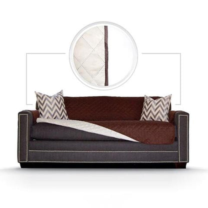 Brown and gray sofa with patterned cushions on a white background