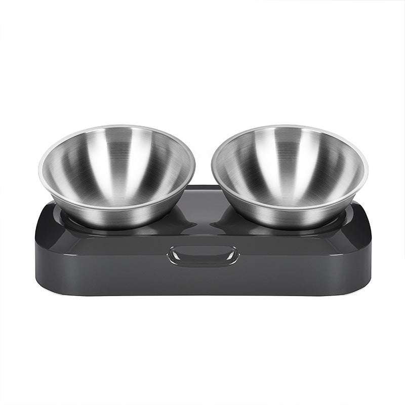 Double stainless steel pet bowl set on a black base with a white background