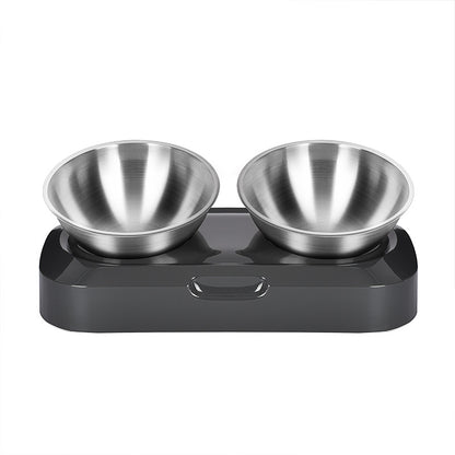 Double stainless steel pet bowl set on a black base with a white background
