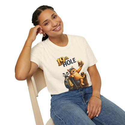 19th Hole funny cat golf T-shirt in natural with orange tabby golfer