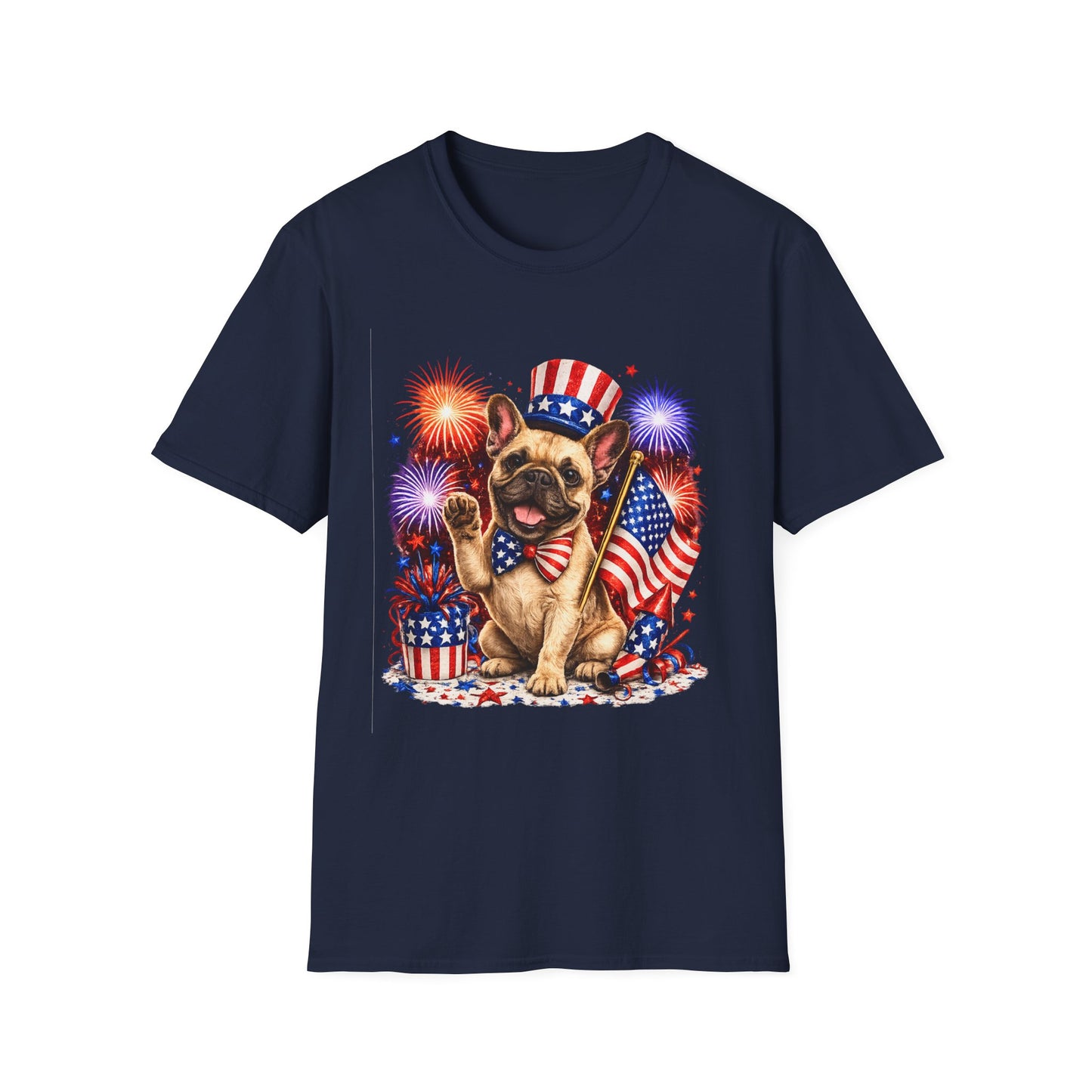 Navy blue t-shirt with a dog holding an American flag and fireworks design on a white background
