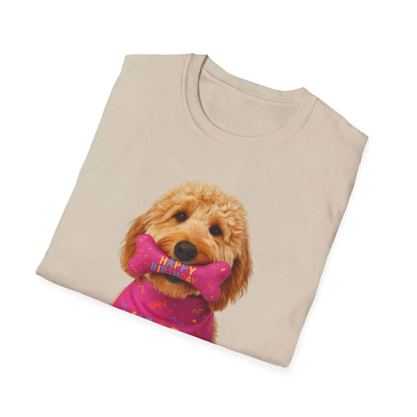 Birthday Dog T-Shirt featuring a cute doodle pup with a bone toy, perfect for dogs and pet celebrations.