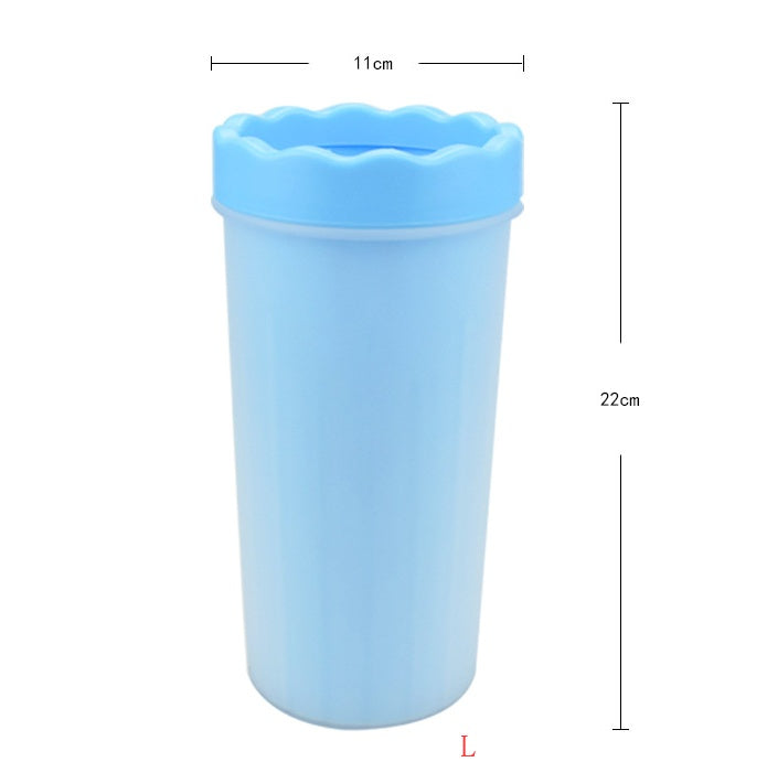 Blue tumbler with dimensions labeled on a white background
