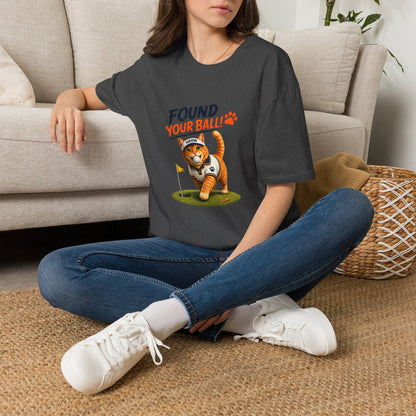 Found Your Ball funny cat golf T-shirt with orange tabby carrying a golf ball- dark heather 