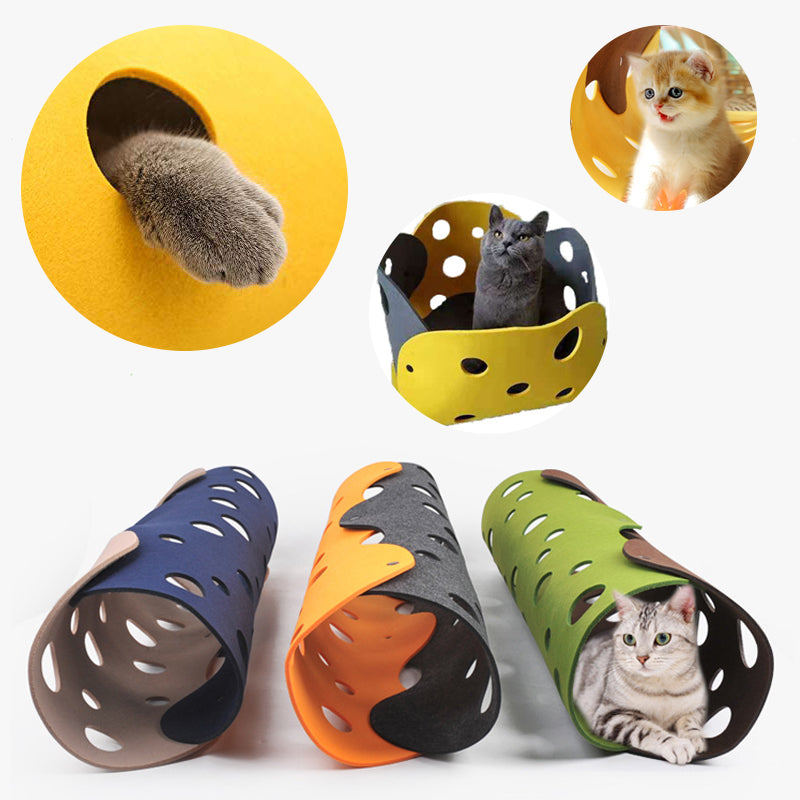 Cat play tunnels in various colors with cats inside on a white background