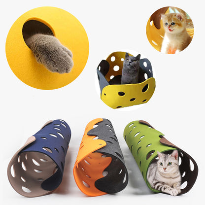 Cat play tunnels in various colors with cats inside on a white background