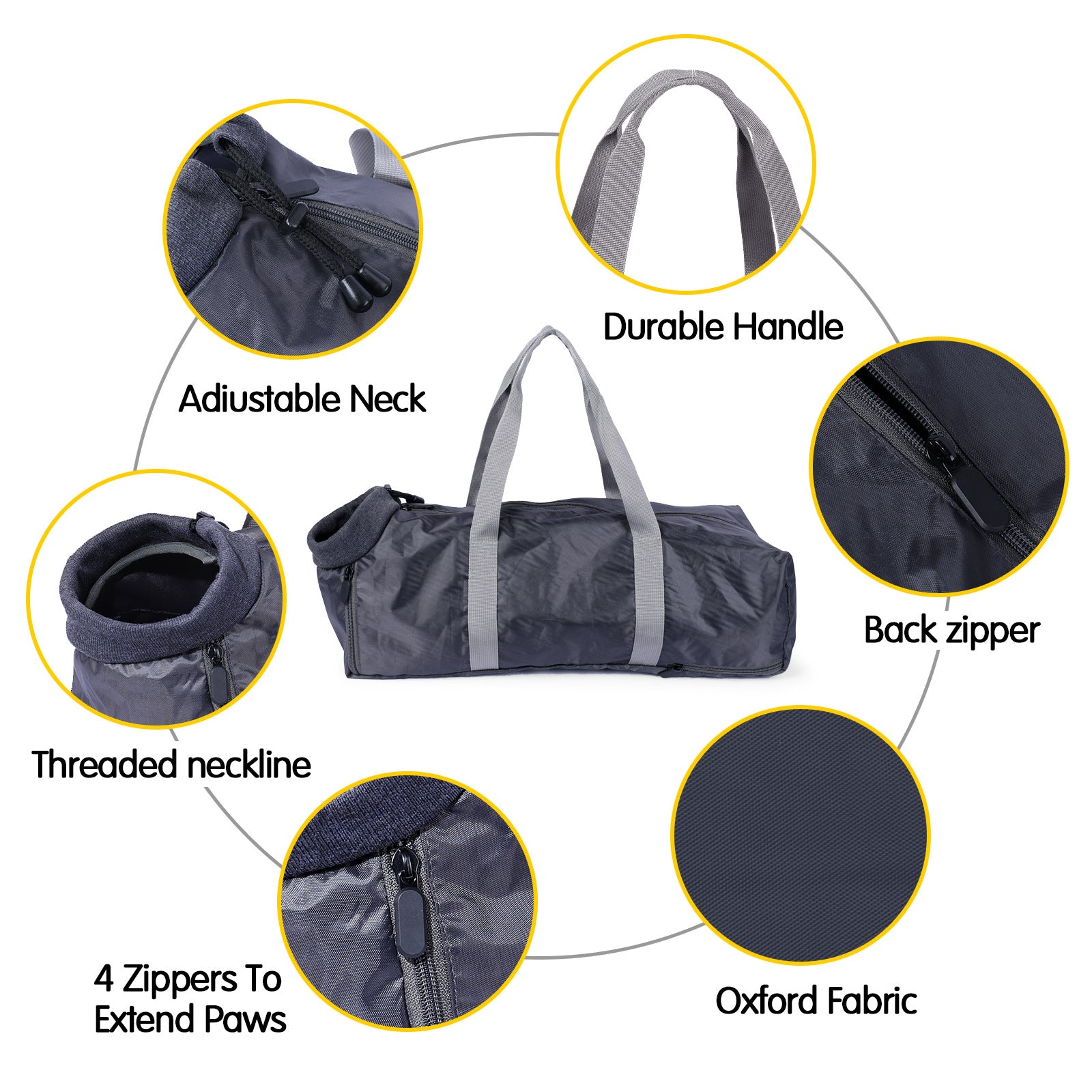 Gray pet carrier with features highlighted on a white background