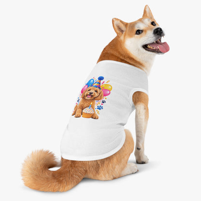 White dog birthday tank top with puppy cupcake and balloons