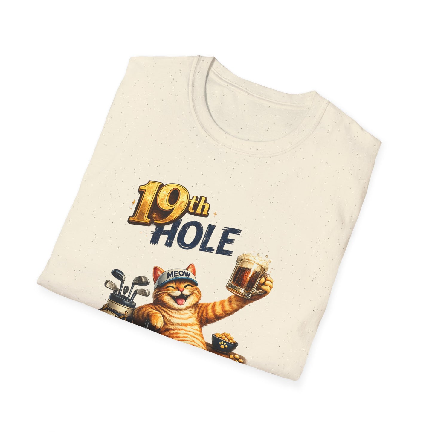 19th Hole funny cat golf T-shirt in natural with orange tabby golfer