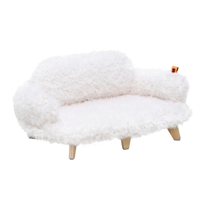 White fluffy ottoman with wooden legs on a white background