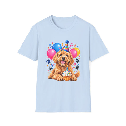 Light blue Birthday Dog T-Shirt with puppy balloons and cupcake design