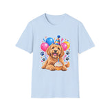 Light blue Birthday Dog T-Shirt with puppy balloons and cupcake design