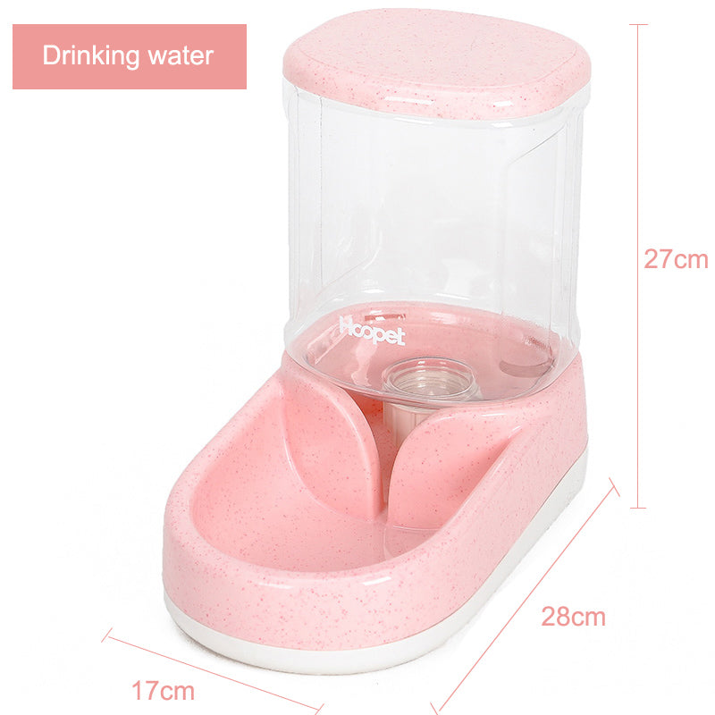 Pink pet water fountain with measurements on a white background